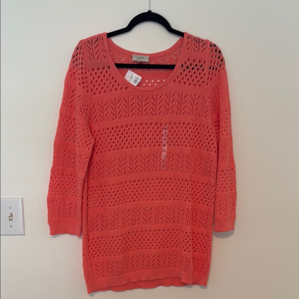 Ann Taylor LOFT‎ Pointelle Knit Sweater Coral Pink XL 100% Cotton 3/4 Sleeve